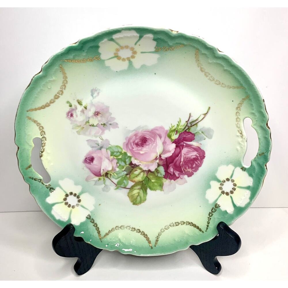 Antique German Porcelain Cake Plate Green Roses Hand Painted Gold trim Cottage